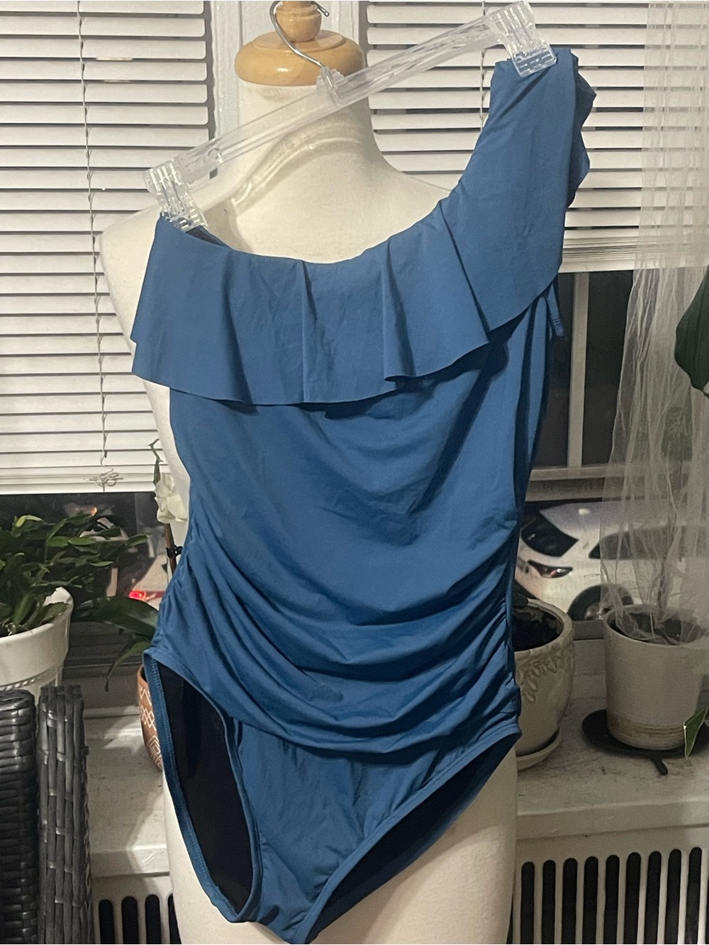 Blue One-Shoulder Ruffle Bodysuit